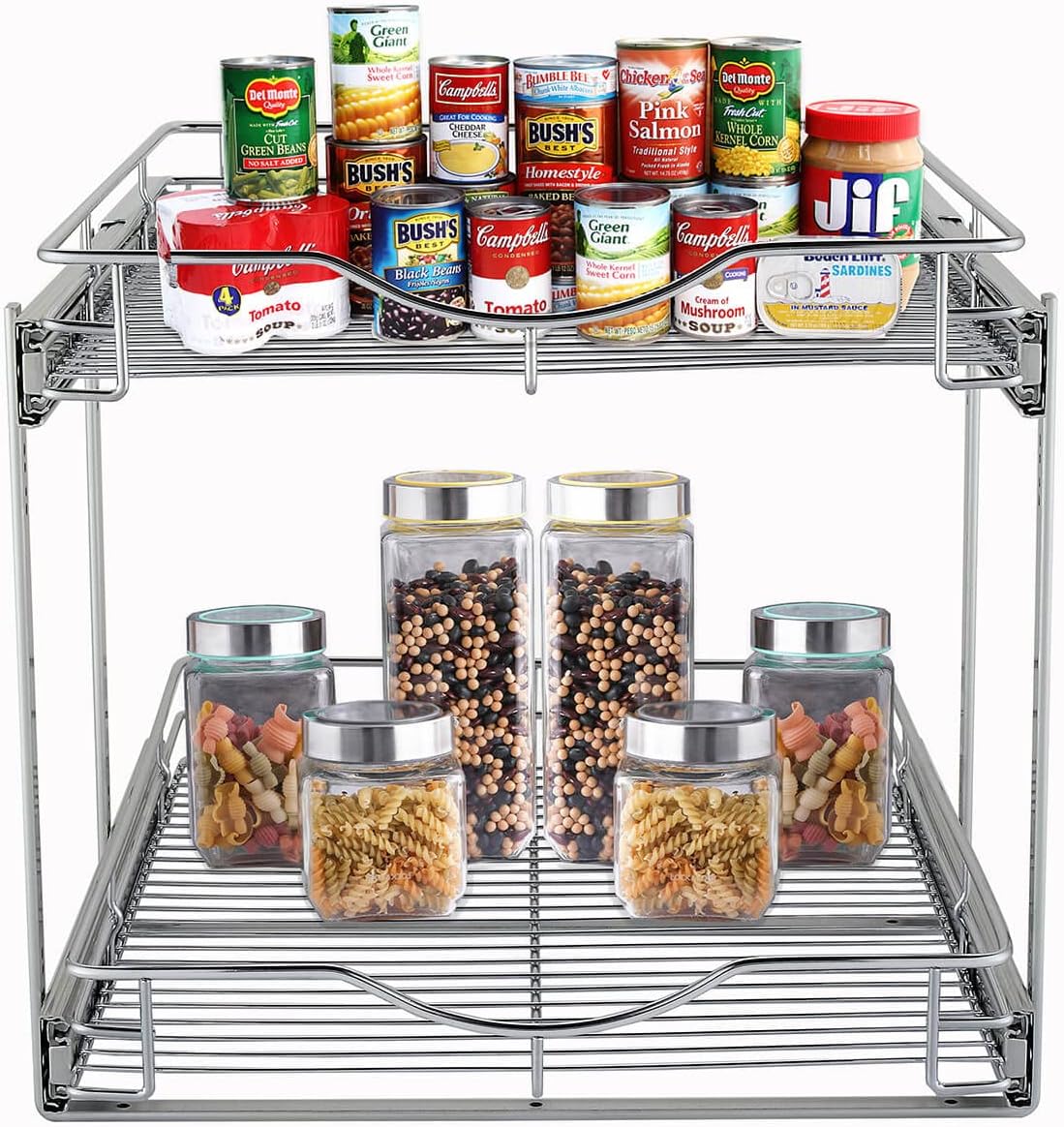 DINDON 2 Tier Pull Out Cabinet Organizer (11" W x 18" D) Heavy-Duty Metal Sliding Drawer Shelf, Two Tier Pull Out Shelves for Kitchen Cabinets, Pantry, Bathroom, Chrome Finish