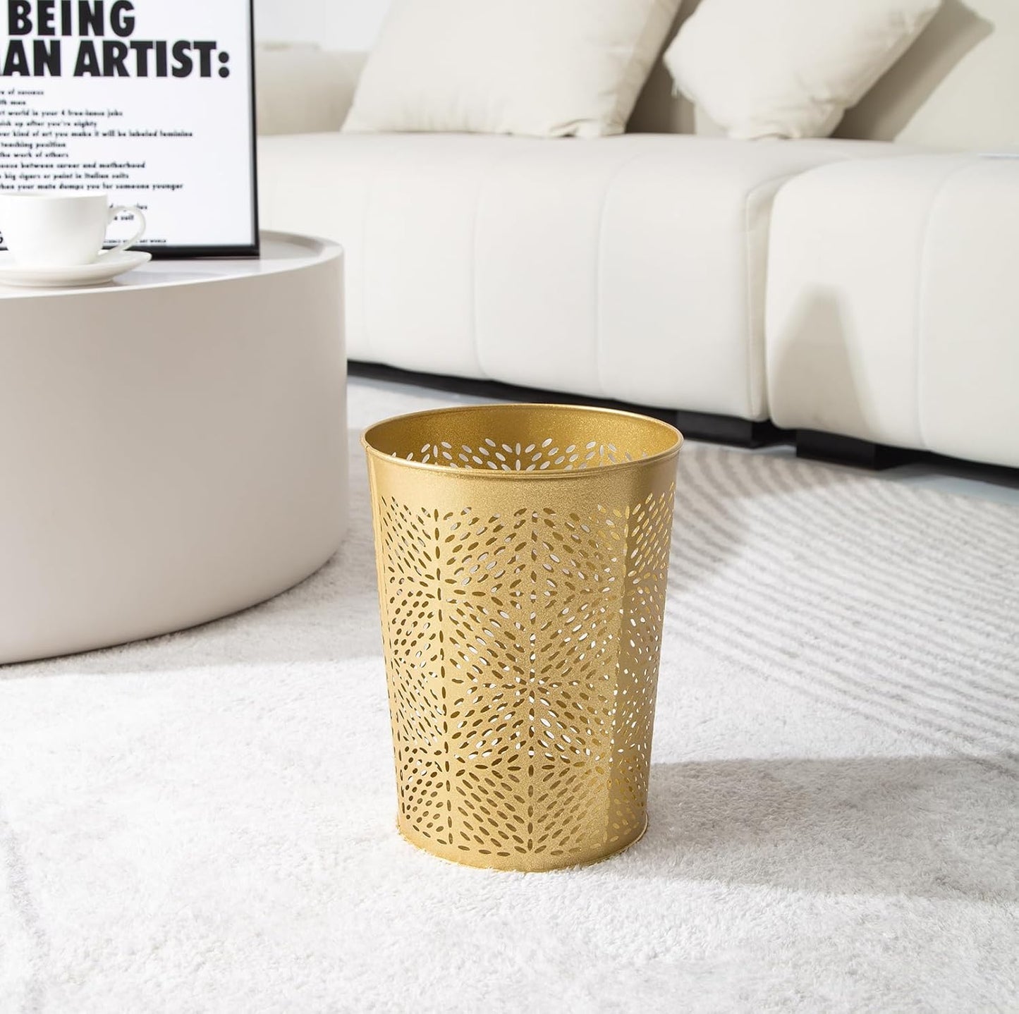 Small Gold Metal Trash Can Wastebasket, Decorative Hollow-Out Garbage Can Waste Paper Bin, Modern Farmhouse Round Trash Bin for Bathroom, Bedroom, Kitchen and Office (Floral)