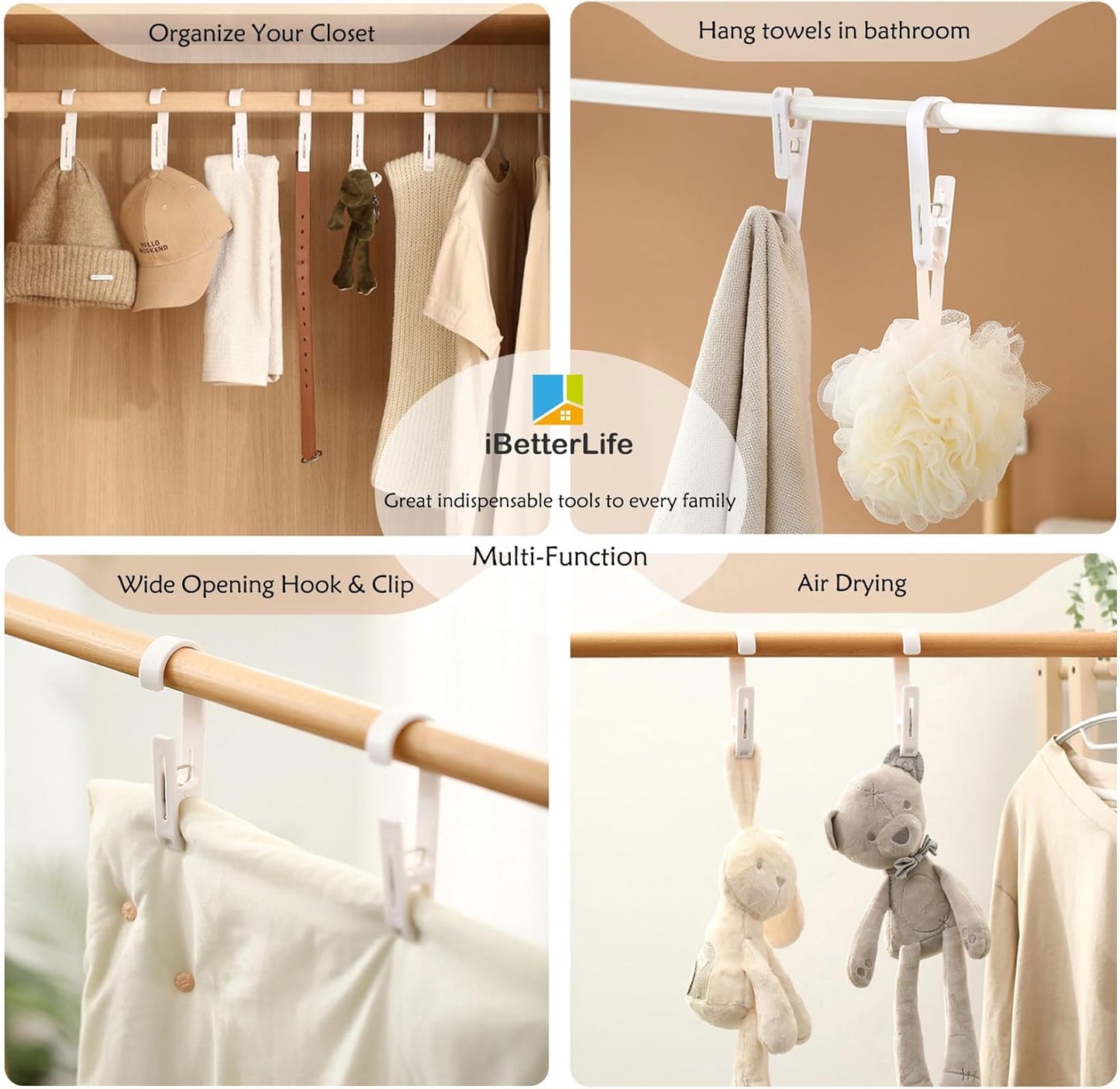 iBetterLife 4Pcs Laundry Hooks with Clips Hanger Heavy Duty Outdoor Clothes Pins, Closet Organizer Single Clamps Hanging Socks Boot Bras Underwear Kids Towels for Bathroom Wardrobe Kitchen Office