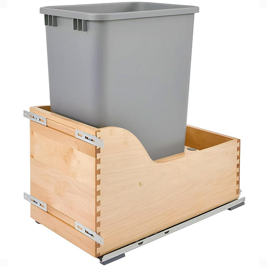 Rev-A-Shelf Pullout Trash Can for Kitchen Cabinet, Single 50 Qt Bin with 12" Wood Frame - Large Garbage Bin Container for Home Waste Storage and Recycling