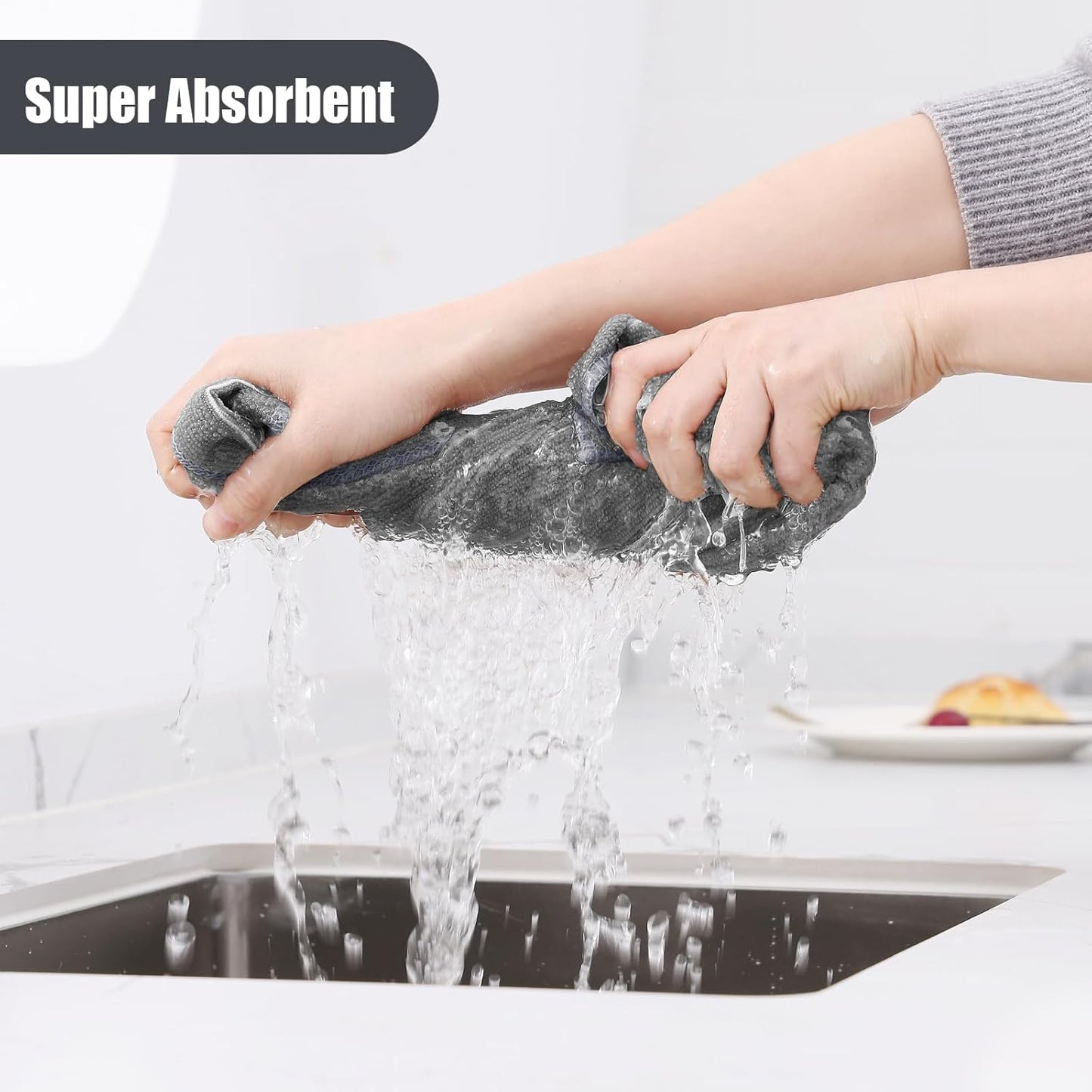 Homaxy Microfiber Kitchen Towels and Dishcloths Set, 16 Pack Soft and Absorbent Dish Hand Towels Bulk, 28 x 16 Inch & 12 x 12 Inch Quick Drying Rags for Washing Dishes, Grey