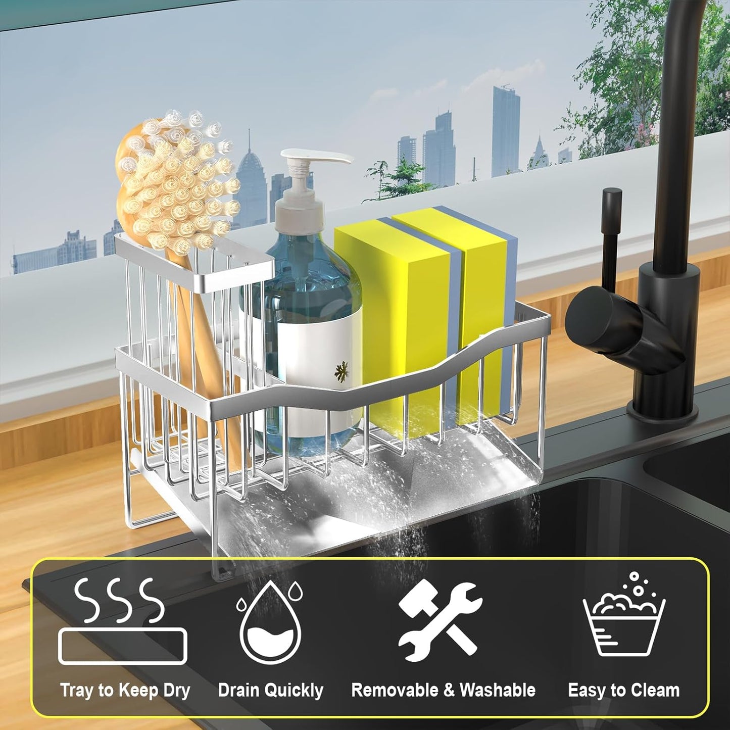 Maifan Sink Caddy Sponge Holder for Kitchen with Brush Holder and Stainless Steel Self Drain Tray, Rustproof Kitchen Sink Organizer for Sponge, Soap Dispenser Storage Accessories (Lacquer Silver)