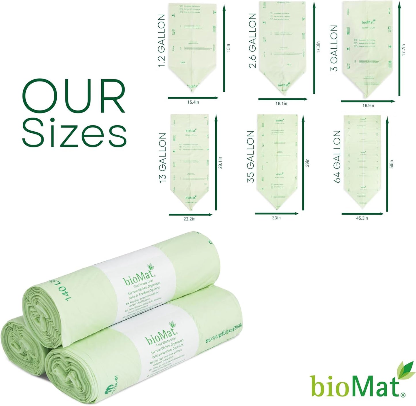 bioMat 35 Gallon Compostable Trash Bags for Lining Compost Bins, 10 Count, Biodegradable Trash Bags for Compost Bin, BPI ASTM D6400 and CMA Certified, Keep your Bin Clean