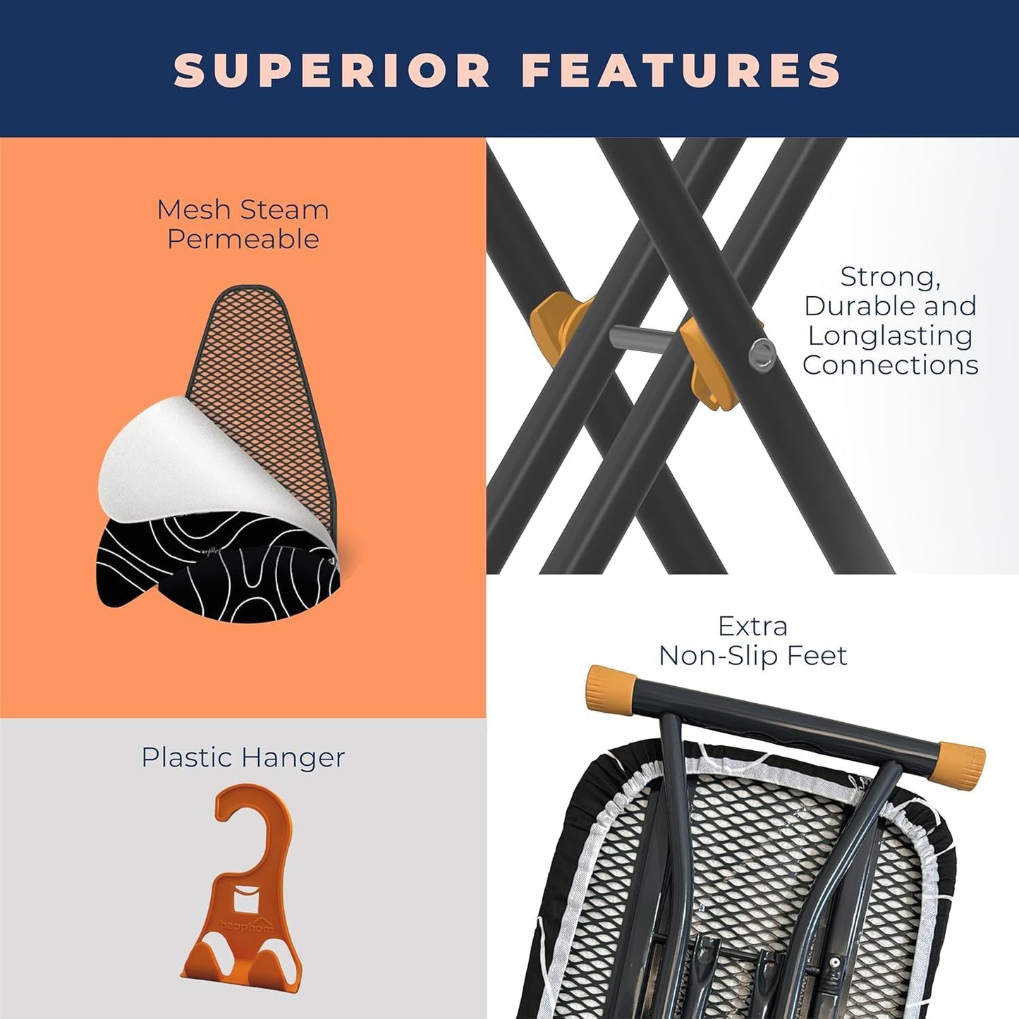 Ironing Board, Compact and Space Saver Ironing Board with Extra Thick 3 Layers Cover, Height Adjustable, Easy Storage with Smart Hanger and Heavy Duty Steel Legs, Black (13x43)