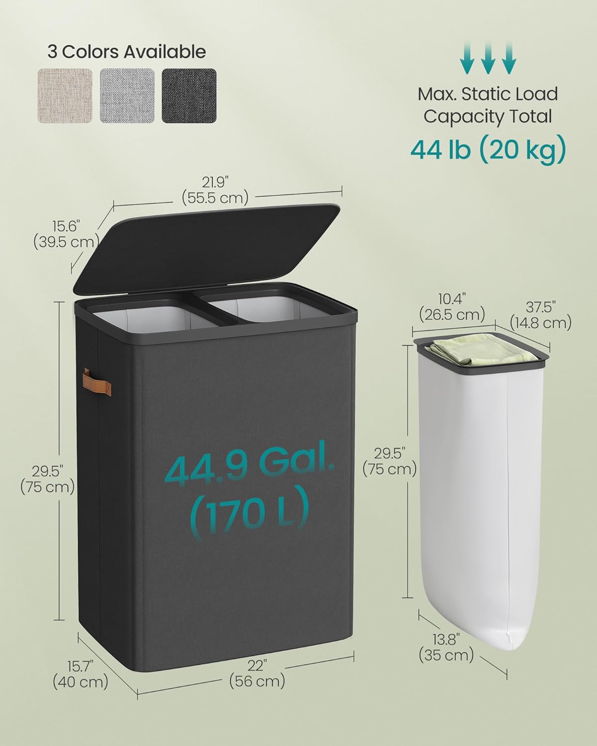 SONGMICS Laundry Basket, 44.9 Gal. Laundry Hamper, 2 Compartments, Easy Assembly, with Lid and Handles, Removable Liners, 22 x 15.7 x 29.5 Inches, Ink Black ULCB813B01