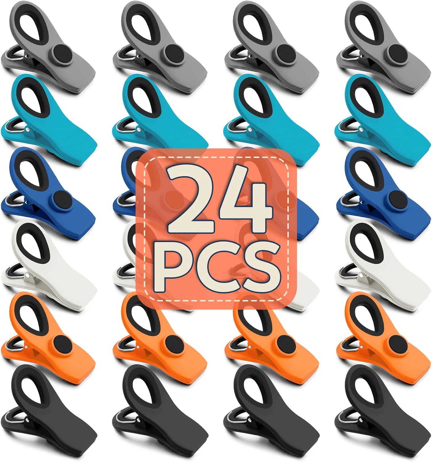 FINDMAG 24 Pack Chip Clips with Magnets – Multicolor Plastic Bag Clips for Food Storage, Snack Bags, and Refrigerator Organization (Classic Essentials)