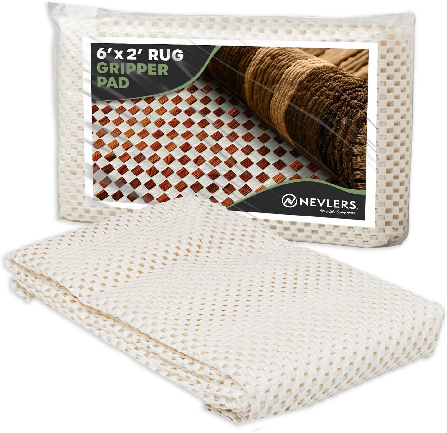 Nevlers 2'x6' Under Rug Non Slip Pad | White PVC Foam Non Slip Rug Pads | Open Weave Anti Slip Rug Grips | Anti Skid Rug Gripper for Hardwood Floors & Other Surfaces | Rug Stoppers to Prevent Sliding