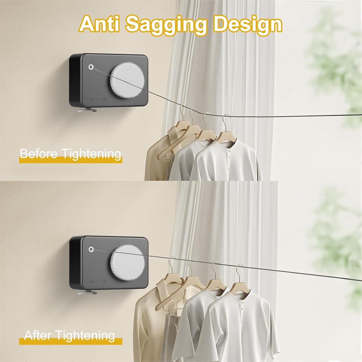 Retractable Clothesline Indoor/Outdoor, Anti-Sag for Drying Clothes Line Retracting Indoor/Outdoor, We Equipped This 13.8 Fts Laundry line Retractable with 4 Large Clips