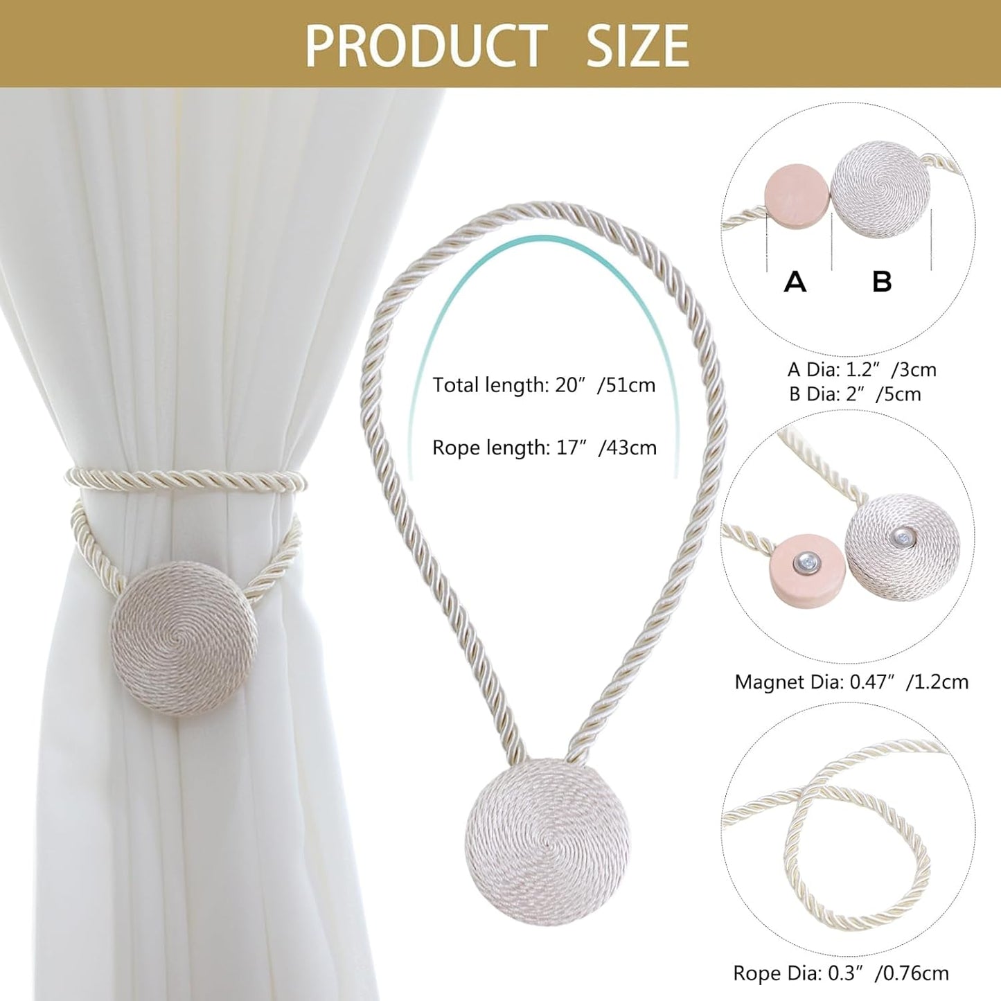 Magnetic Curtain Tiebacks - 12mm Magnetic Tie Backs for Curtains, Heavy Duty No Drill Curtain Holdbacks for Home/Office Windows Drapes, Elegant Gift-Ready Design 7 Colors (2, Beige)