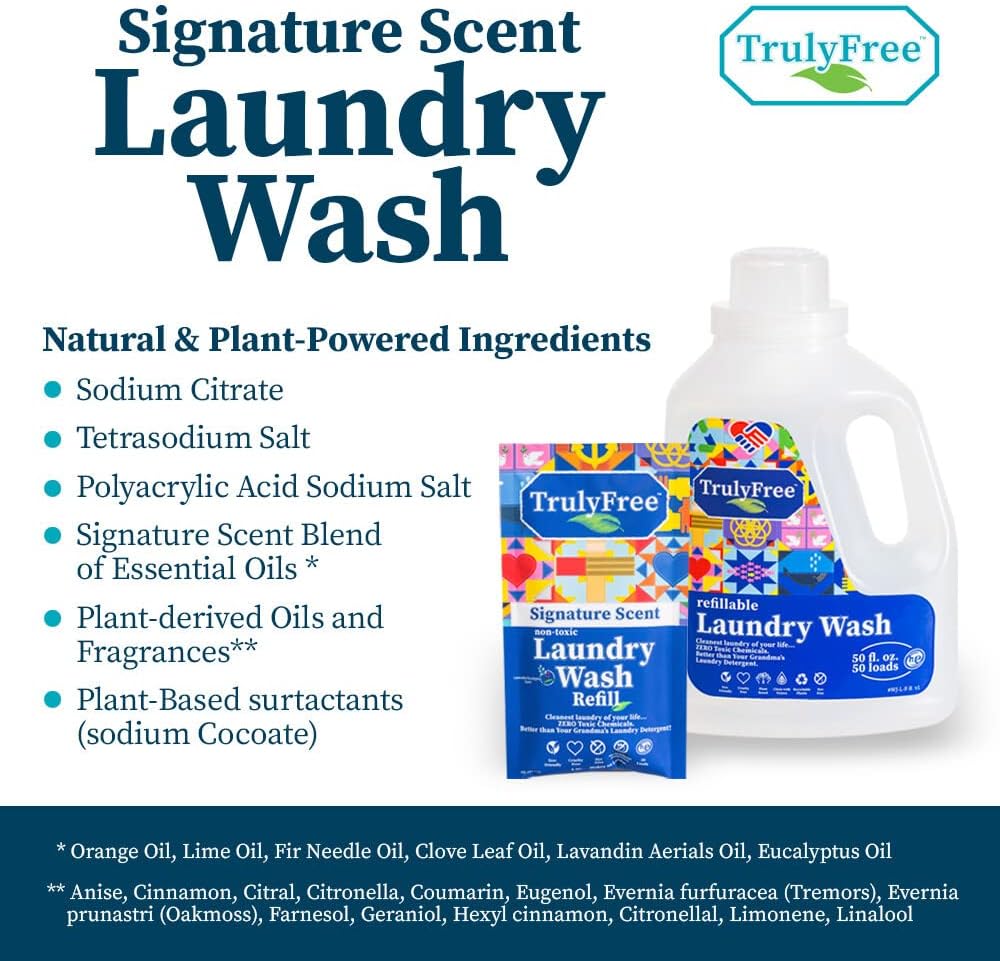 Truly Free Natural Laundry Detergent for Sensitive Skin | Eco Friendly, Plant Based, Baby Clothes Safe | Clean & Easy Powder to Liquid, 5 Pack Detergent + 1 Refillable Jug | Signature Scent 250 Loads