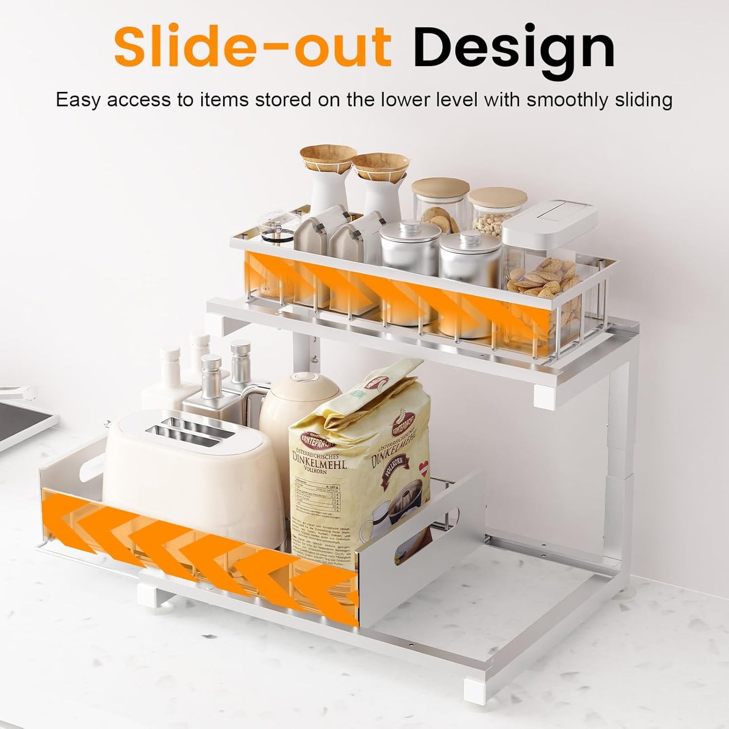 Under Sink Organizer Storage 2-Tier Heavy Duty Metal Pull Out Cabinet Organizer Slide Out Sink Shelf Organizer Height Adjustable, Multi-Purpose Storage Shelf for Kitchen Bathroom (Silver, 1 Pack)