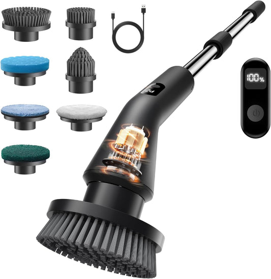 Electric Spin Scrubber, 2025 New Cordless Cleaning Brush for Home, IPX7 Waterproof Spin Scrubber with 7 Brush Heads, Adjustable Long Handle and 2 Rotating Speeds for Bathroom Tub Floor