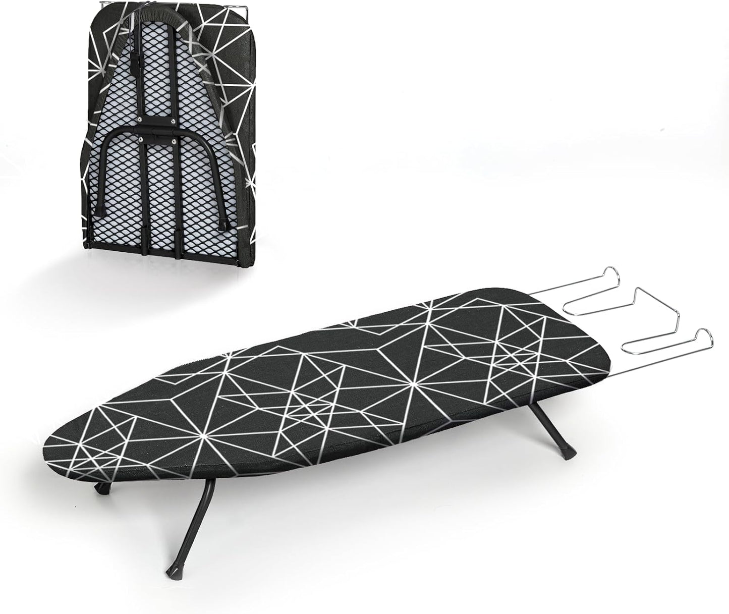Mini Ironing Board Tabletop Foldable, RAINHOL Space-Saving Iron Board, Compact and Portable for Travel and College, with Hook and Iron Holder, Steel Mesh, 31" x 12", Black and White Stripes