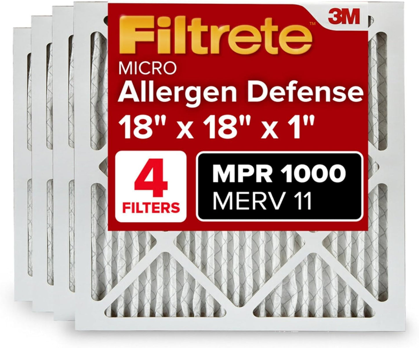 Filtrete 18x18x1 AC Furnace Air Filter, MERV 11, MPR 1000, Micro Allergen Defense, 3-Month Pleated 1-Inch Electrostatic Air Cleaning Filter, 4 Pack (Actual Size 17.81 x 17.81 x 0.81 in)