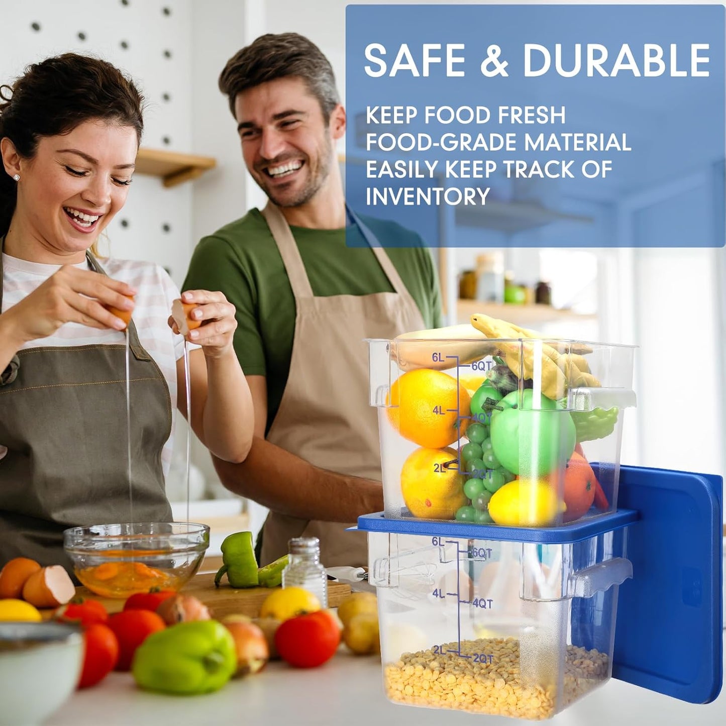 Lallisa 8 Pack 6 Qt Commercial Food Storage Containers with Lids Square Food Storage Container Clear Cereal Storage Containers for Kitchen Freezer Pantry Restaurant Flour Sugar(Blue Lids)