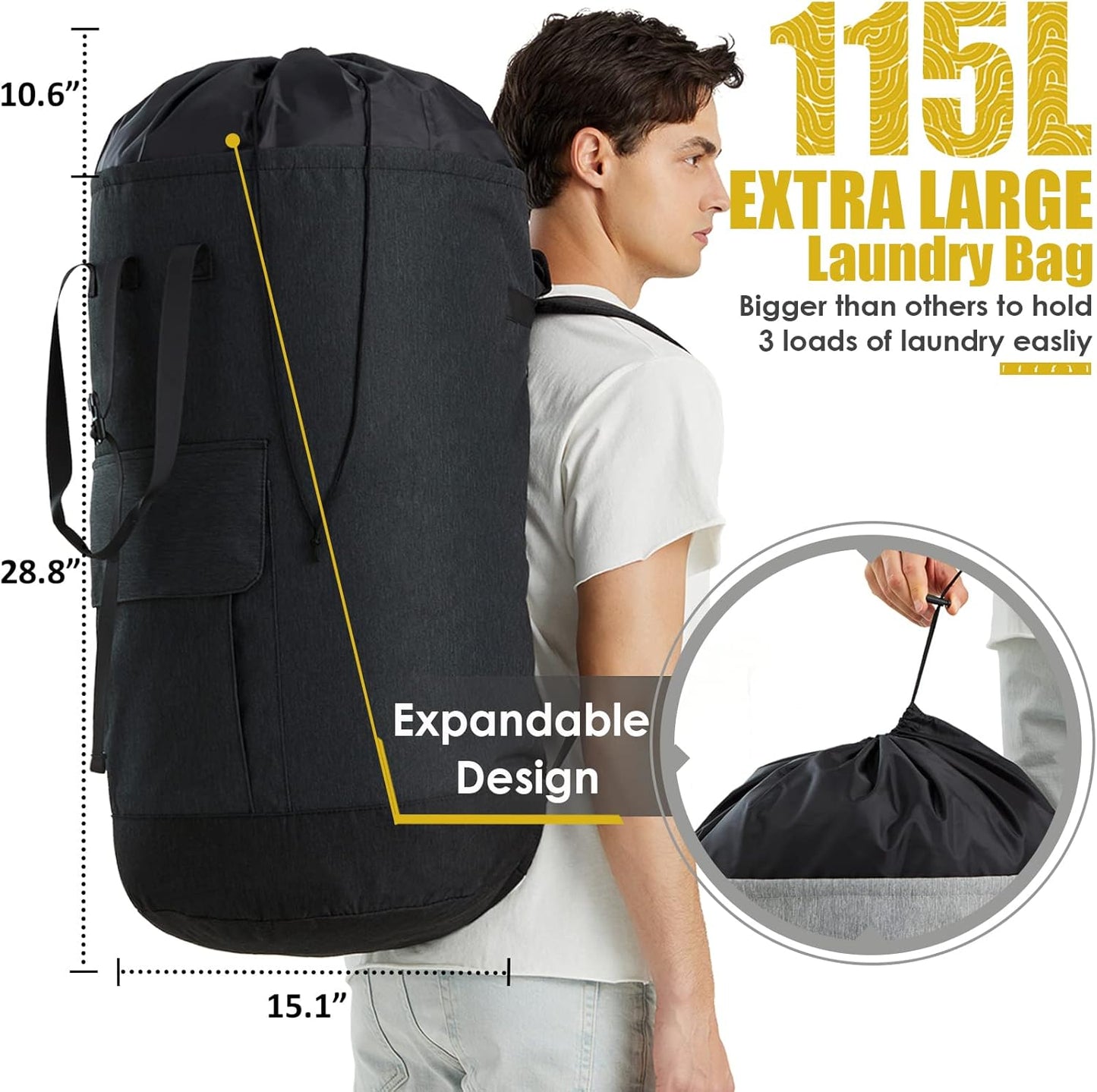 Laundry Backpack Bag 115L, Heavy Duty Laundry Bags with Shoulder Straps, Dirty Clothes Bag for College Dorm Essentials, Hamper Backpack for Travel, Laundromat, Apartment, Beach, Camping