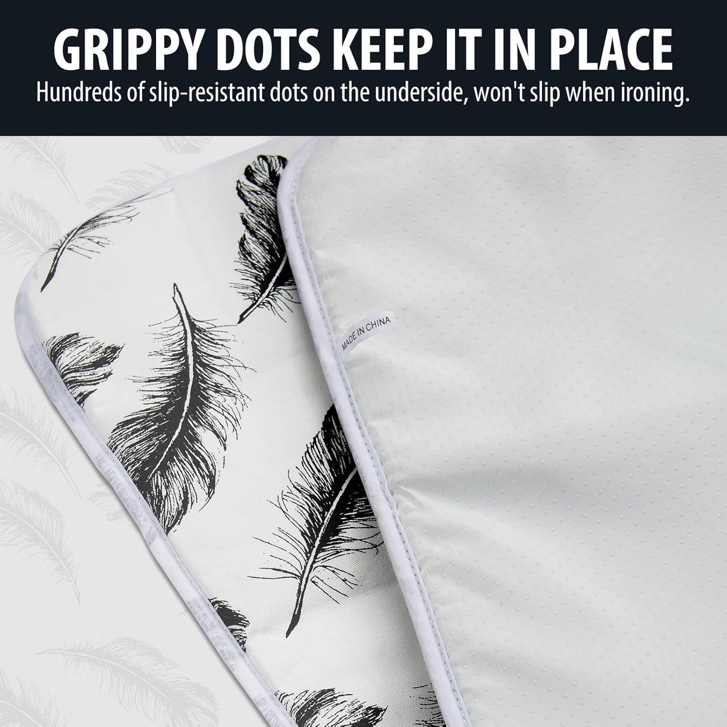 Seiritex Ironing Mat, Portable Ironing Pad 39.4 x 18.9 inch Table Top Iron Board 5 in 1 Travel Iron Blanket for Washer, Dryer, Counter top, Black Feather