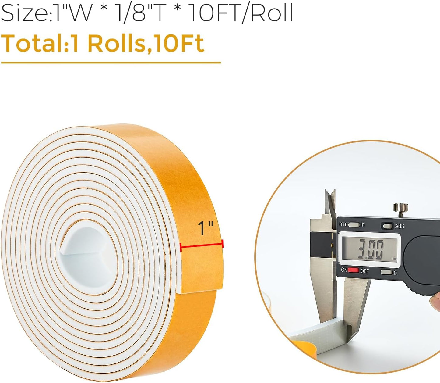 10 Feet Weather Stripping Door Seal, 1" Wide X 1/8" Thick Door Seal Strip High Density Foam Tape Adhesive Strip for Door Soundproofing,Window Insulation (1" x 1/8" x 10FT,White)