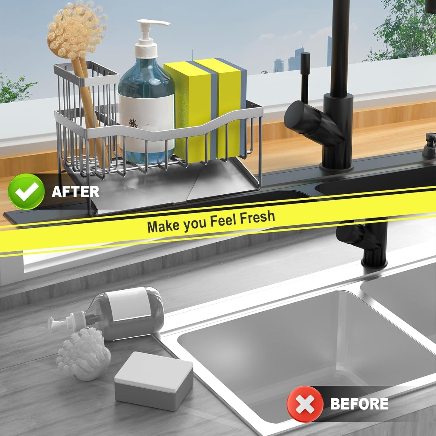 Maifan Sink Caddy Sponge Holder for Kitchen with Brush Holder and Stainless Steel Self Drain Tray, Rustproof Kitchen Sink Organizer for Sponge, Soap Dispenser Storage Accessories (Lacquer Silver)