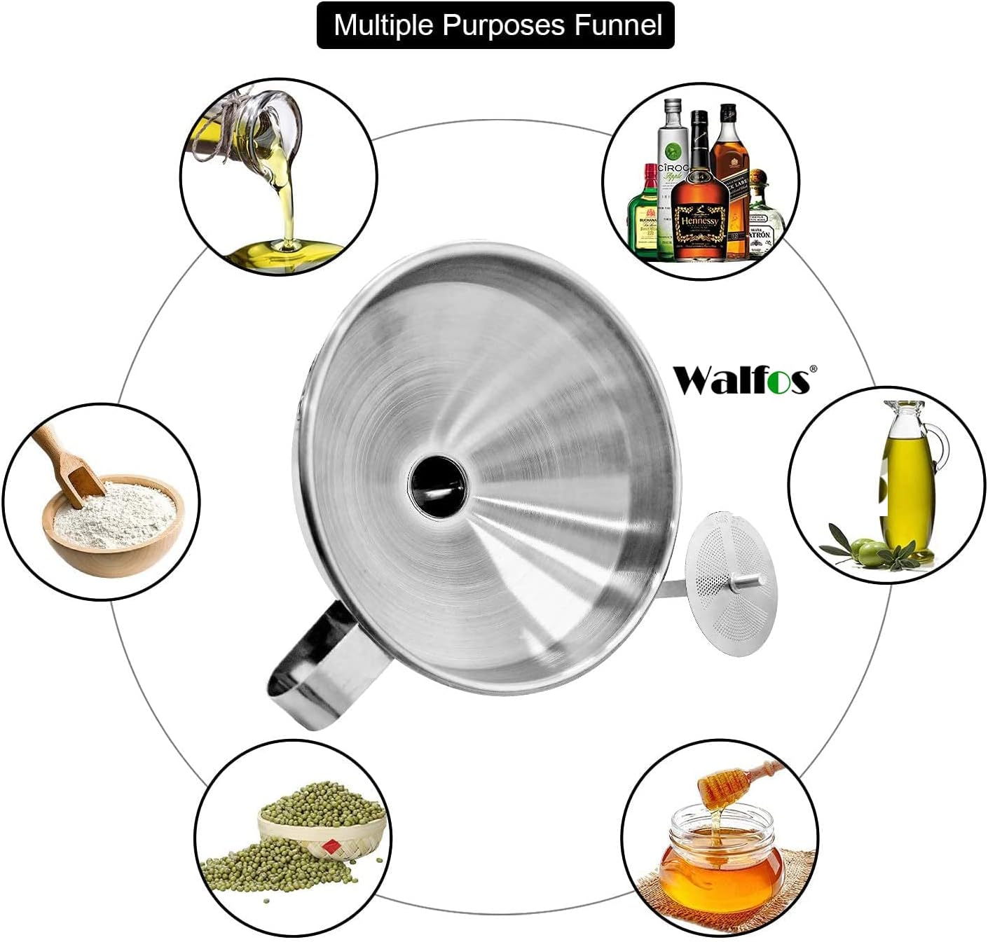 Stainless Steel Funnel, Walfos Kitchen Funnel with 2 Removable Strainer ＆ 1Pc Cleaning Brush, Perfect for Transferring of Liquid, Oils, Jam, Dry Ingredients & Powder (4.1")