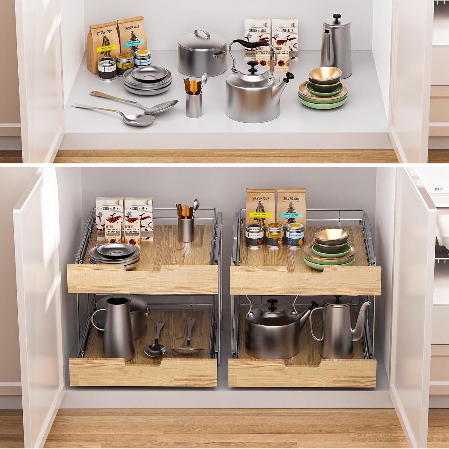 Pull Out Cabinet Organizer,Heavy-Duty Slide Out Shelf, Wood and Wire Basket, Pull Out Drawer for for Kitchen Under Sink Space, Pantry, Bathroom, 2 Tie 23 * 21 in