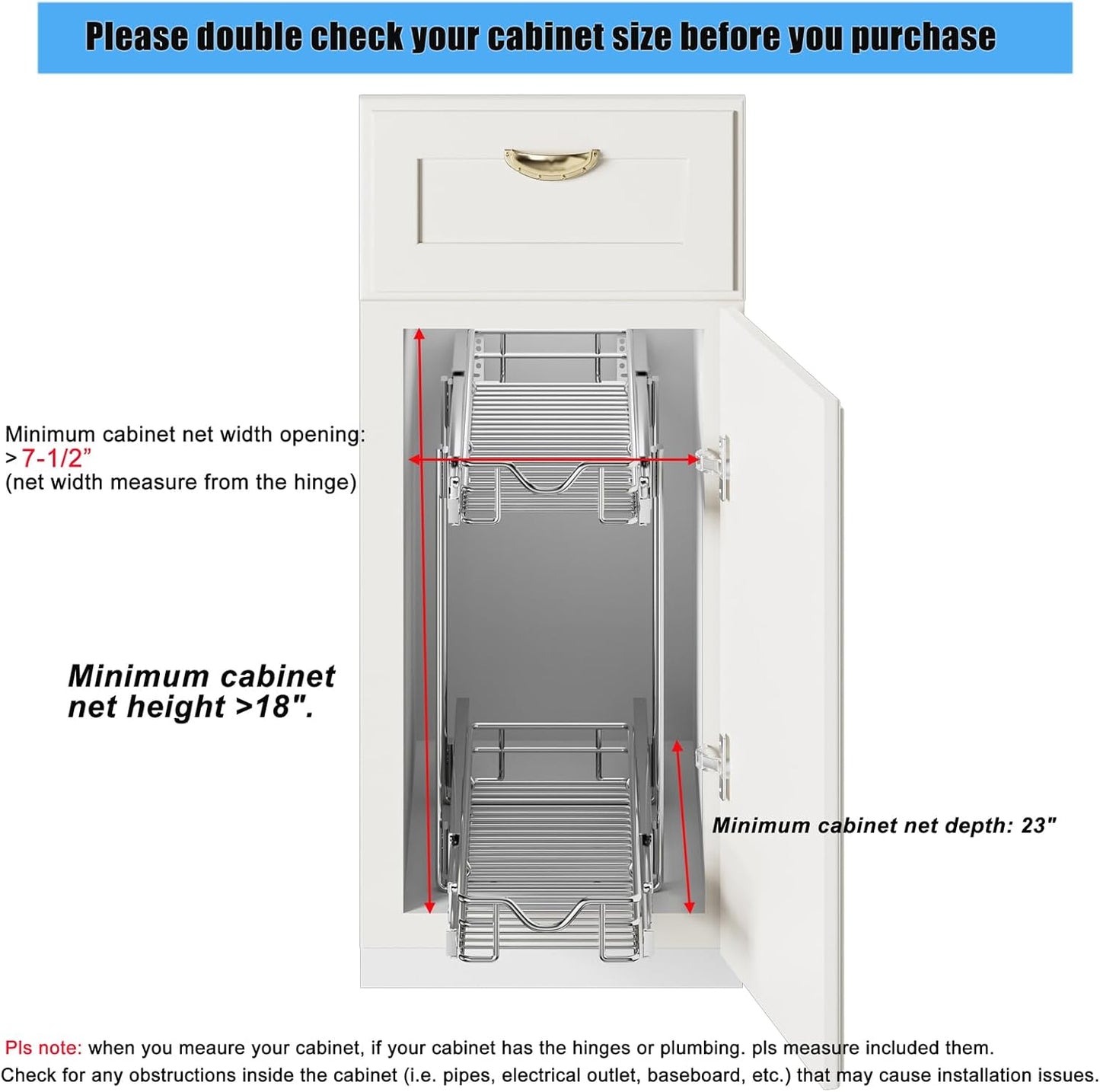 DINDON Pull Out Cabinet Organizer (7-1/2" W x 21-1/2"D), Cabinet Pull Out Shelves, 2 Tier Pull Out Drawers for Kitchen Cabinets, Wire Basket Slide Out Shelf for Cabinet Organization