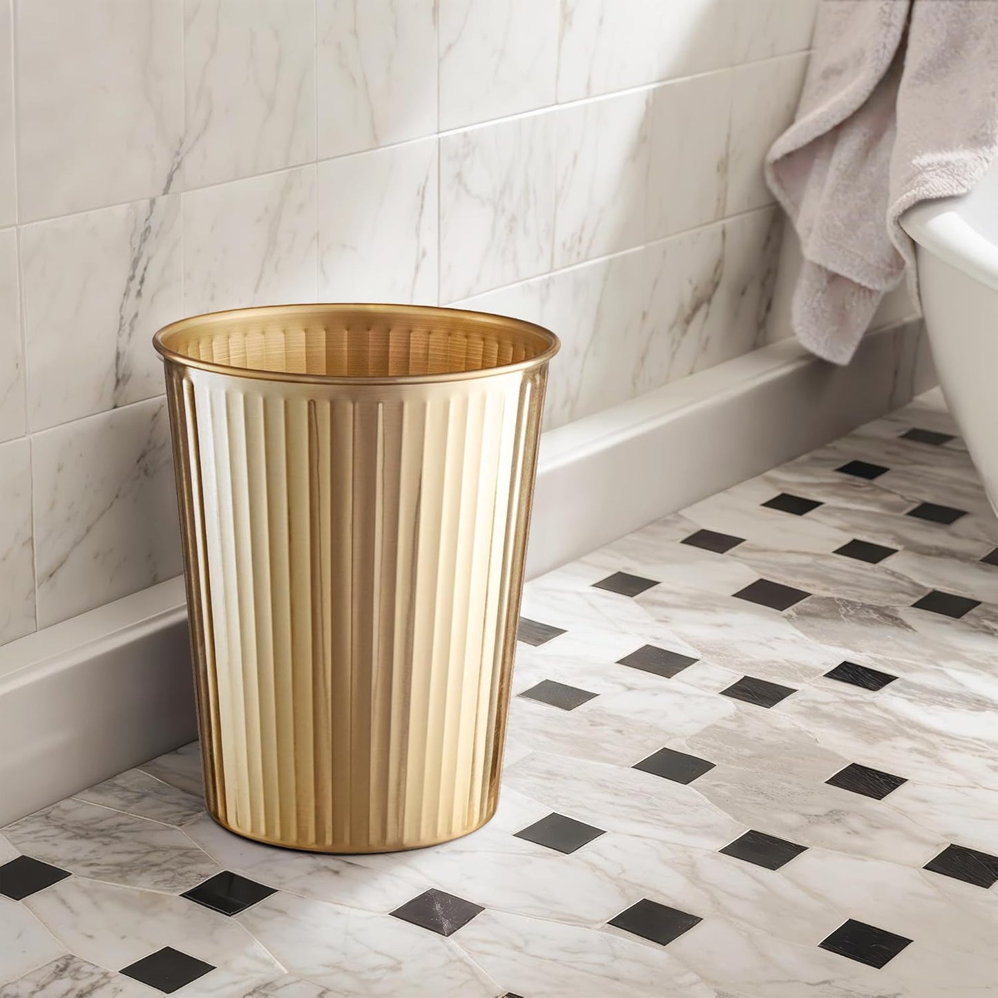 Monarch Abode Brushed Gold Handcrafted Ridge Embossed Metal Wastebasket for Home Office, Decorative Waste Basket, Modern Bathroom Garbage Can, Durable & Decorative Trash Bin, Brushed Gold Trash Can