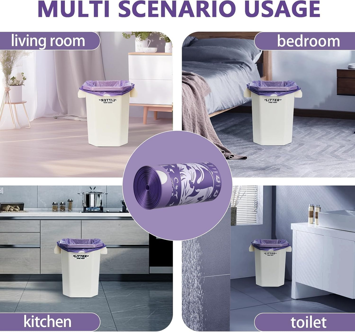 VOK 8 Gallon Trash Bags Drawstring, Medium Trash Bags for Office, Kitchen, Bedroom Trash Cans, Colored Portable Sturdy Garbage Bags 8 Gallon with Lavender Scent, 60 Counts