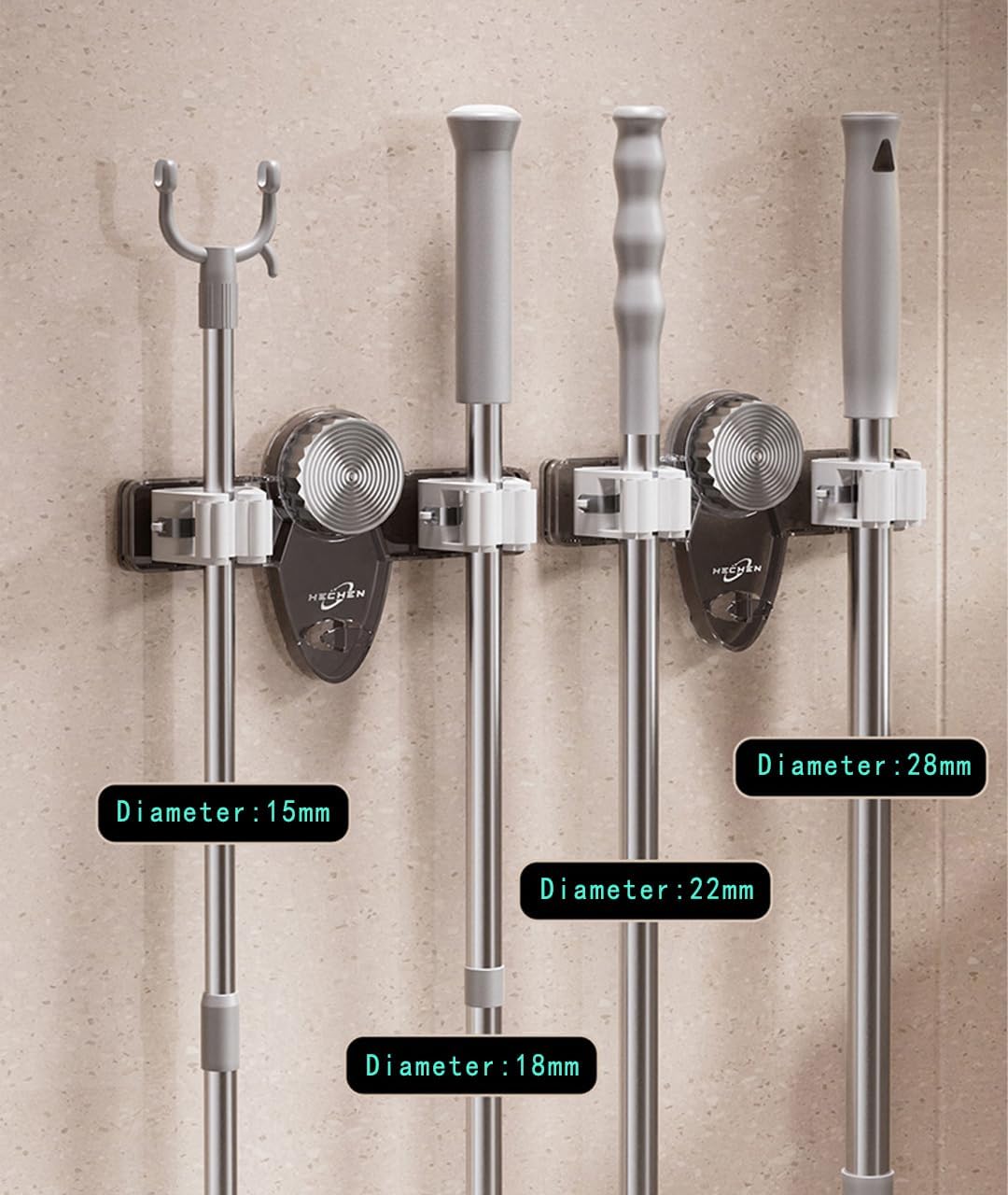 Mop and Broom Holder Wall Mount, No Punching Required Broom and Mop Organizer Wall Hanging with Hooks for Bathroom, Laundry Room, Garage, Kitchen,Garden Tool Organizer Storage (2pcs Transparent)