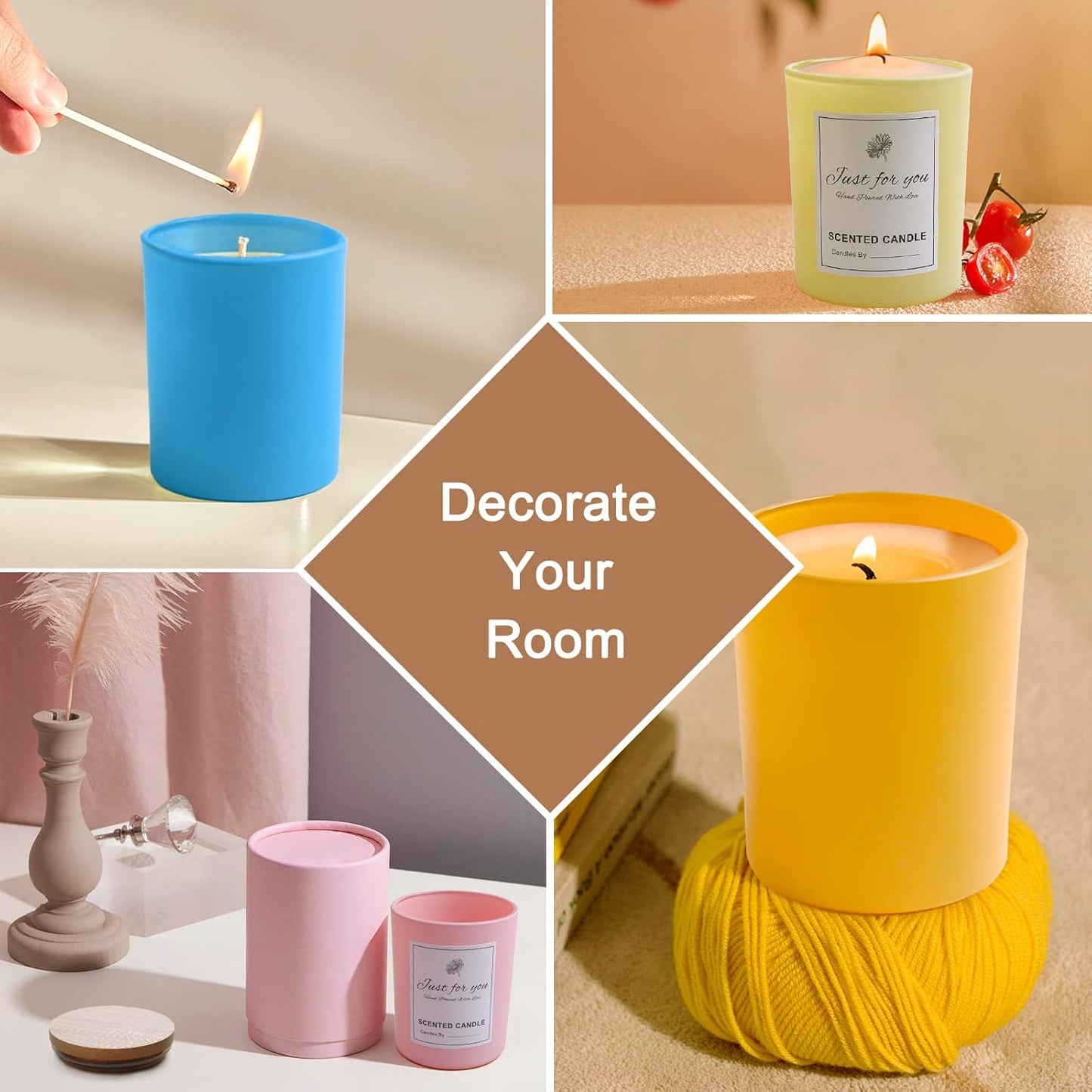 CONNOO 15 Pack Colorful Glass Candle Jars with Bamboo Lids for Making Candles, 7 oz Empty Candle Tins with Wooden Lids, Bulk Clean Candle Containers - Dishwasher Safe