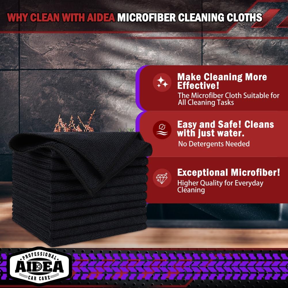 AIDEA Microfiber Cleaning Cloth Black 10PK, Microfiber Towels for Cars, Premium Wash Cloths, Dusting Cloth Lint Free Cleaning Rags for SUVs, House, Kitchen, Window, Cleaning Supplies12×12"