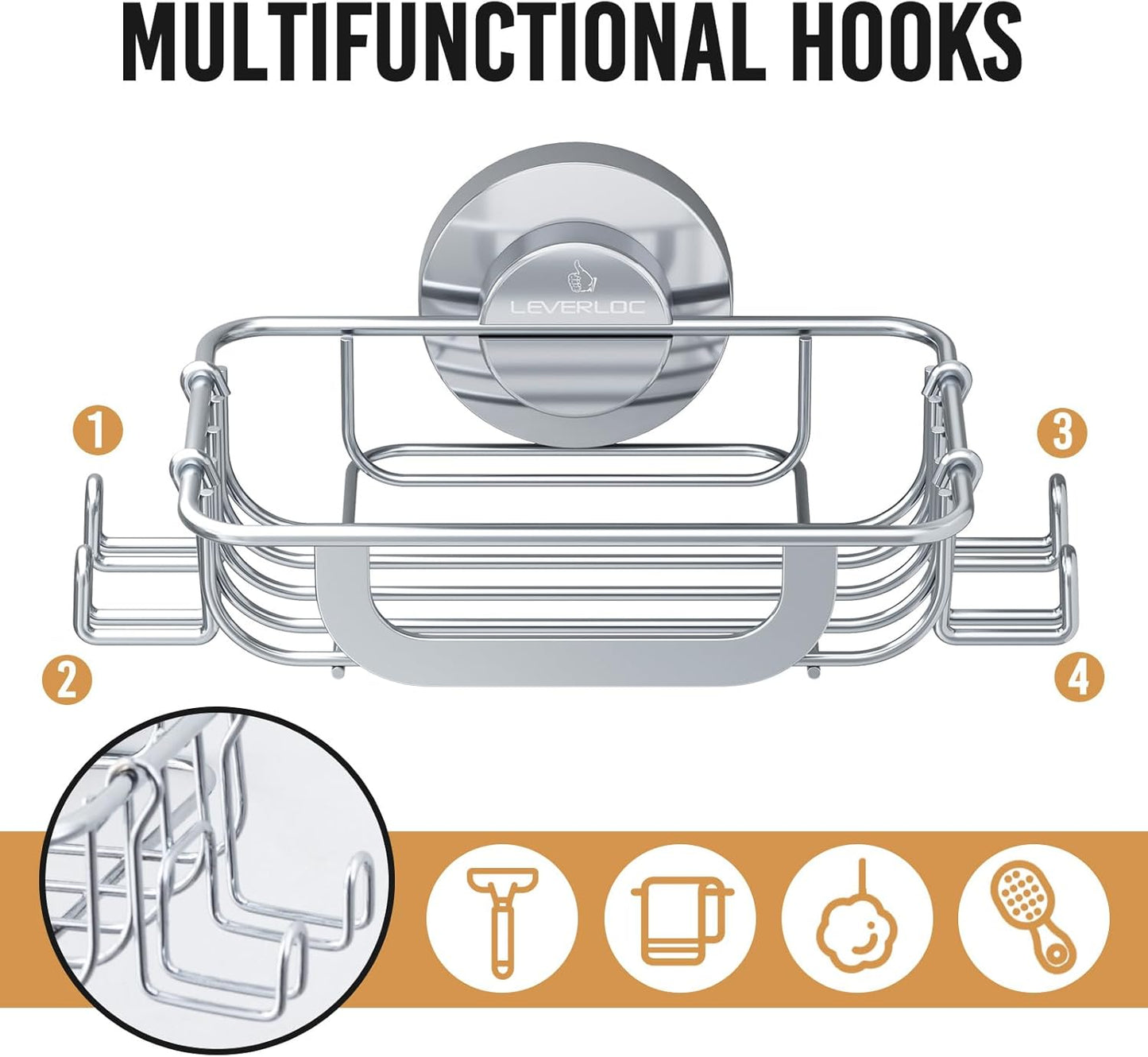 LEVERLOC Bar Soap Holder Dish with Hooks, Soap Tray Suction Cup Wall Mounted for Shower, Stainless Steel Sponge Holder Caddy for Bathroom Kitchen Sink Organizer, Rustproof, Silver