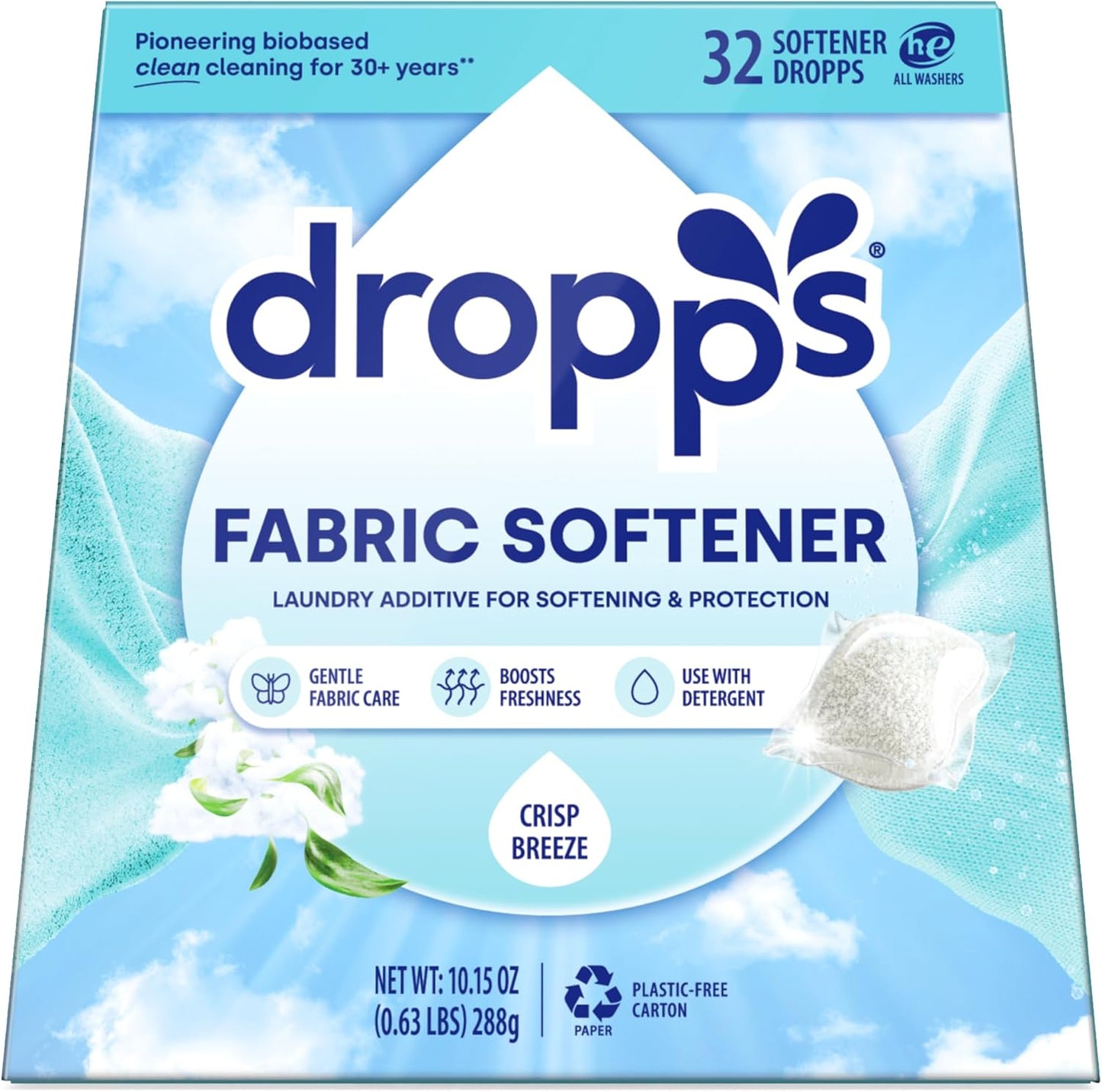 Dropps Laundry Fabric Softener Pods, Crisp Breeze (32 Pods) - Laundry Additive for Softening & Protection - HE Compatible Mineral Based Ingredients Laundry Supplies