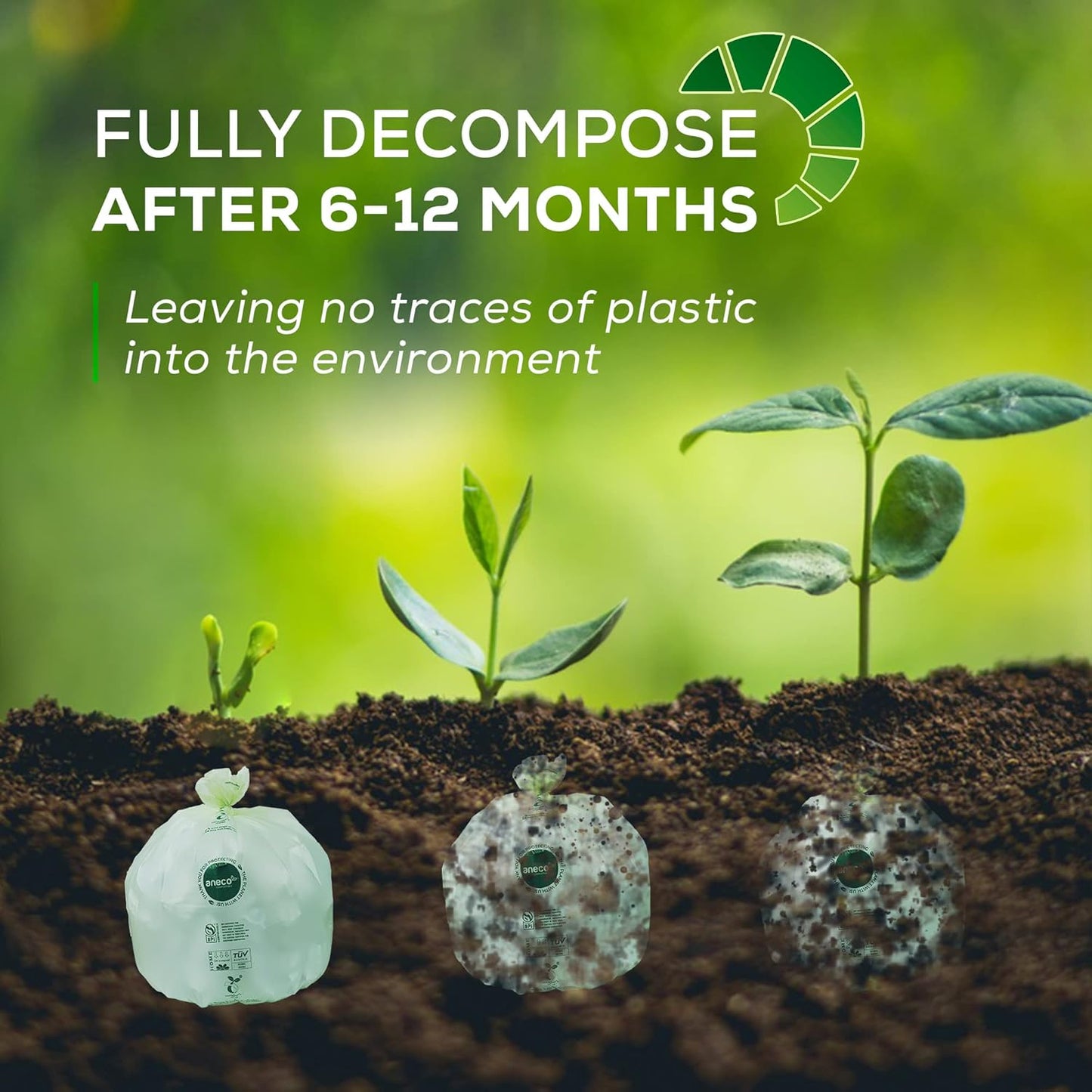 ANECO 100% Compostable Waste Bags 2.6 Gallon (Flat Top Bags, 50 Count) Extra Strong Kitchen Small Compost Bags for Countertop Bin (BPI & OK Compost HOME Certified)