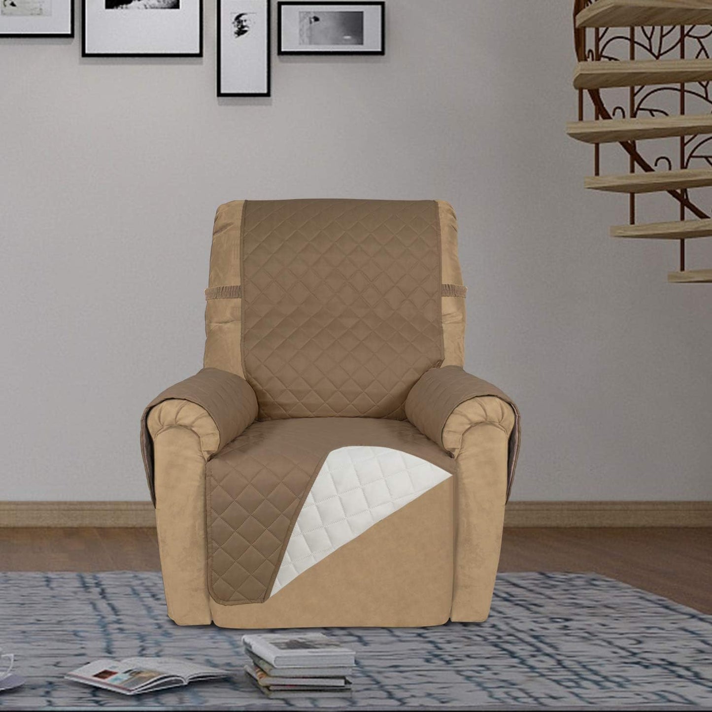 PureFit Reversible Quilted Sofa Cover, Water Resistant Slipcover Furniture Protector, Washable Couch Cover with Non Slip and Elastic Straps for Kids, Dogs, Pets (Small Recliner, Camel/Ivory)