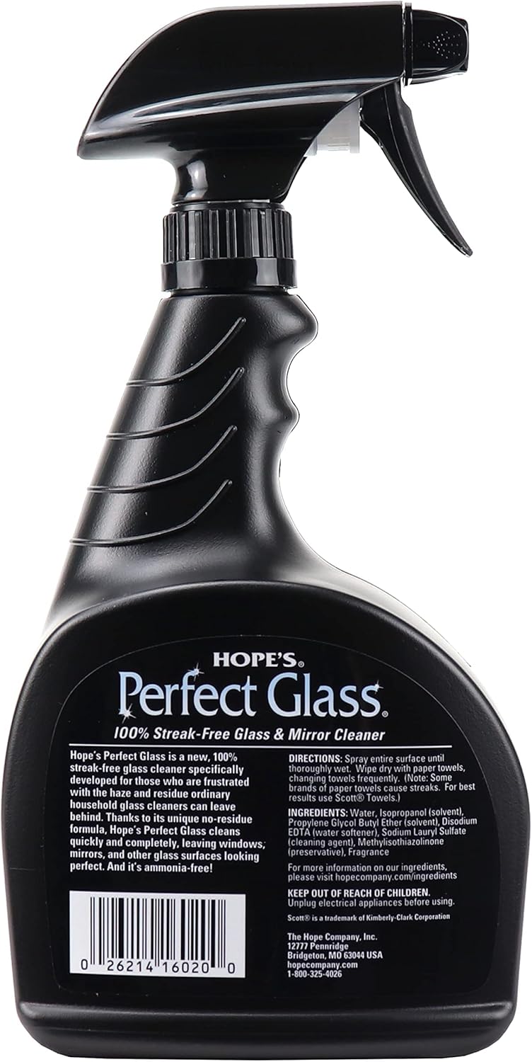 HOPE'S Perfect Glass Cleaner Spray, Streak-Free, Ammonia-Free Window, Mirror, Screen, Tinted Glass, and Shower Door Cleaner, Indoor and Outdoor Glass Surfaces, 32 Fl Oz, Pack of 6