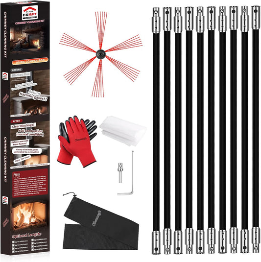 33 Feet Chimney Sweep Kit, Chimney Cleaning Kit with 10 Flexible Black Chimney Rods, Chimney Brush for Sweeping Fireplace, Rotary Chimney Cleaning System Driven by Drill