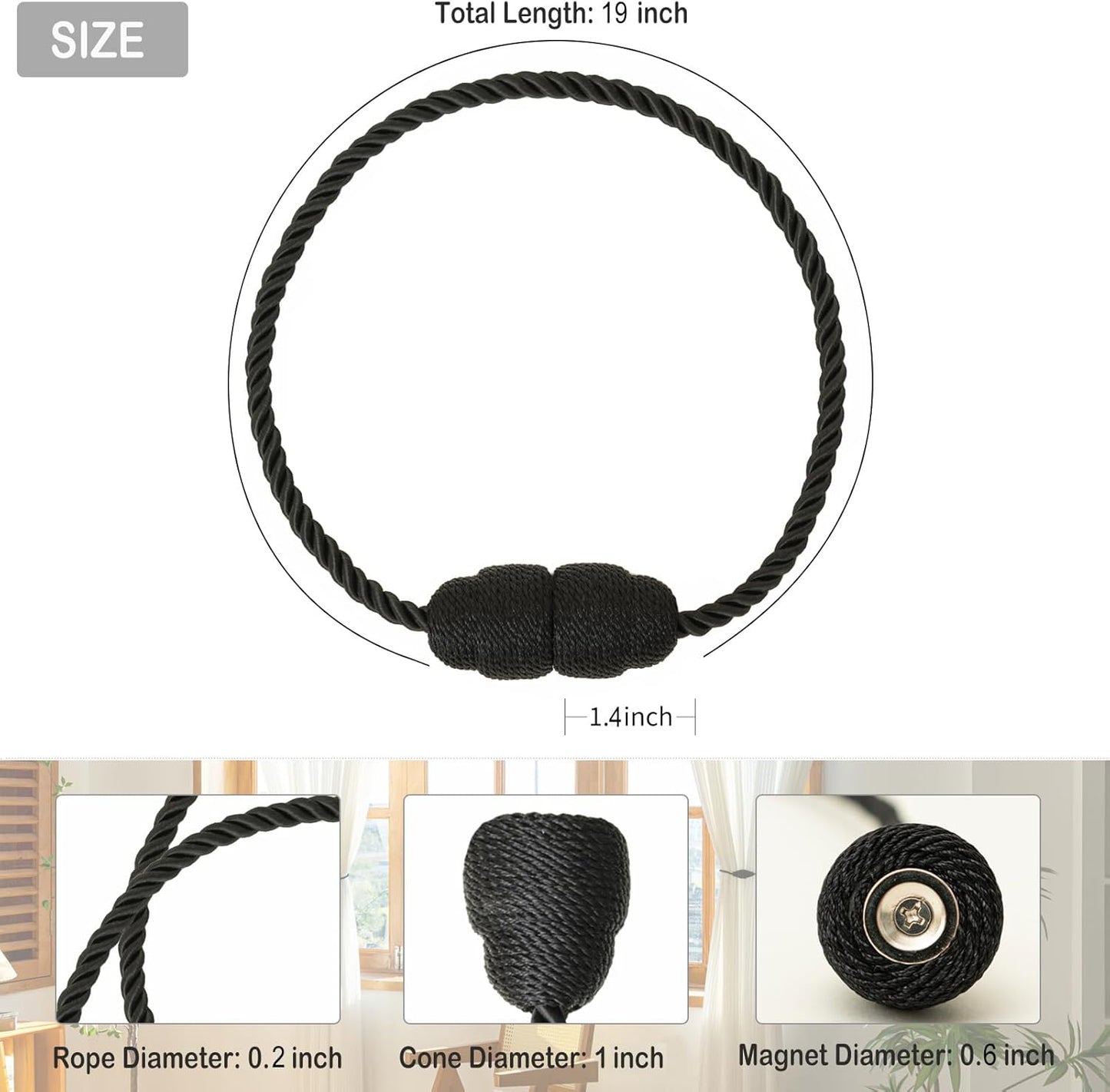 Magnetic Curtain Tiebacks Rope Curtain Tie Backs for Curtains 4 Pack Curtain Holders for Drapes Decorative Window Curtain Holdbacks, Black
