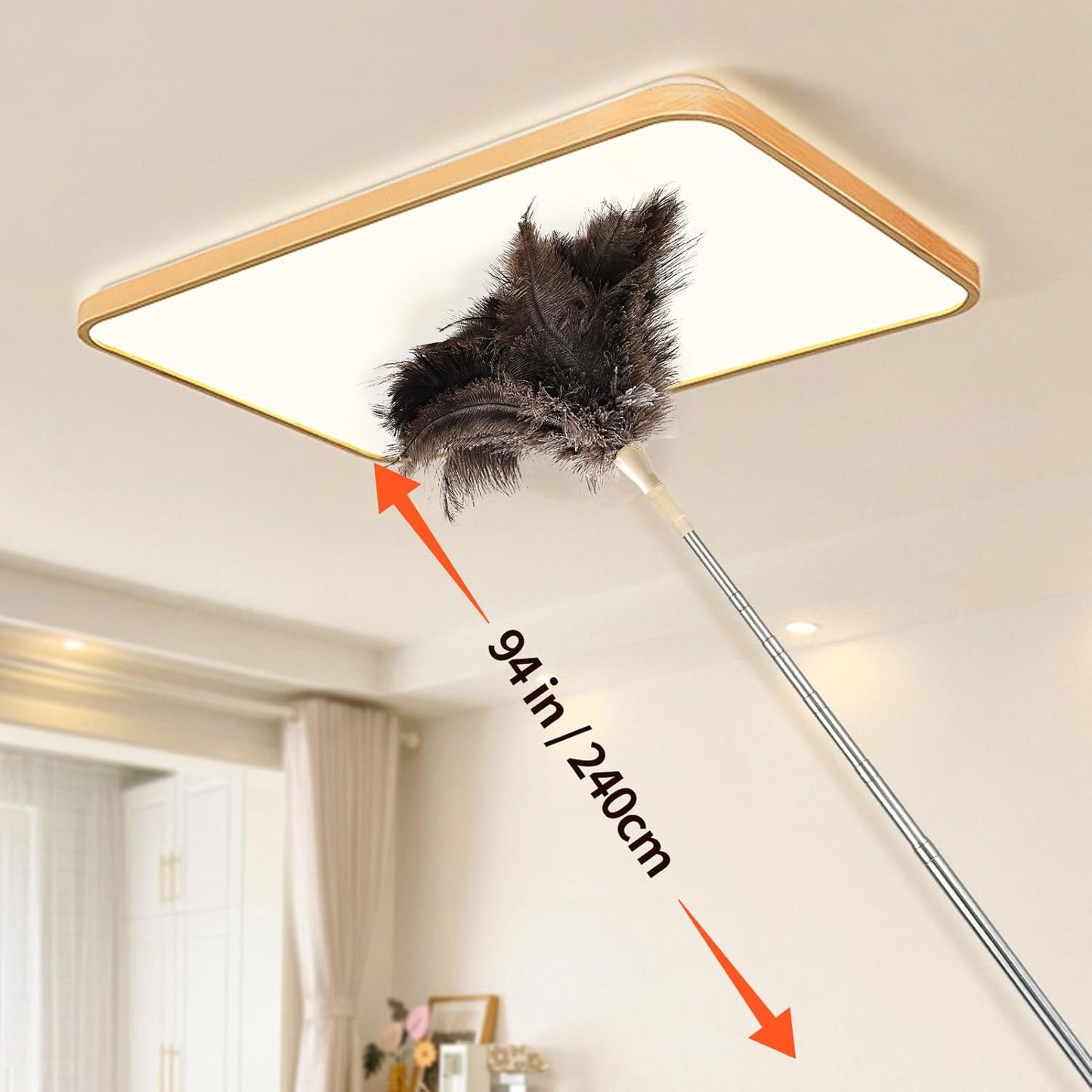Extendable Cleaning Duster 94 Inch - Long Telescoping Ostrich Feather Dusters with Stainless Steel Extension Pole for High Ceiling Fan, High Ceilings,Roof Dusting