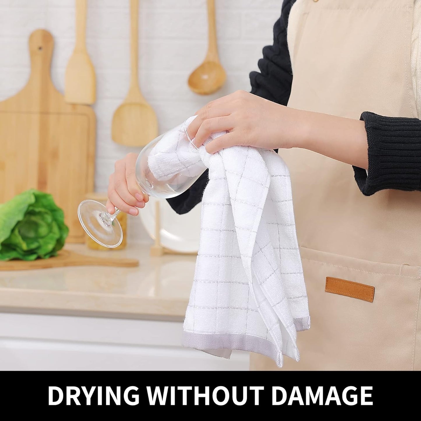 Homaxy 100% Cotton Terry Kitchen Towels(White, 13 x 28 inches), Checkered Designed, Soft and Super Absorbent Dish Towels, 8 Pack