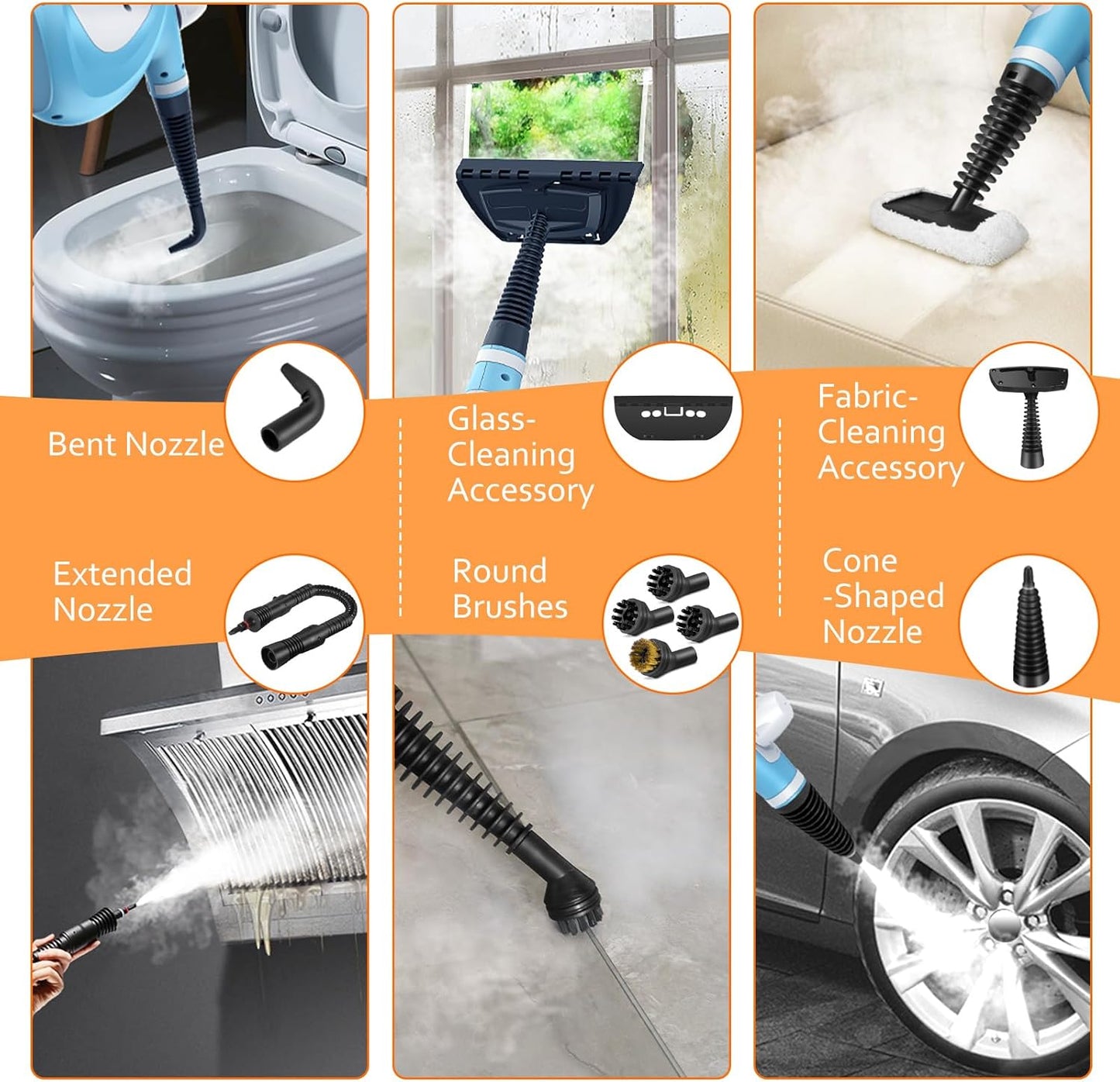 Pressurized Handheld Multi-Surface Natural Steam Cleaner with 12 pcs Accessories, Multi-Purpose Steamer for Home Use, Steamer for Cleaning Floor, Upholstery, Grout and Car (Blue)