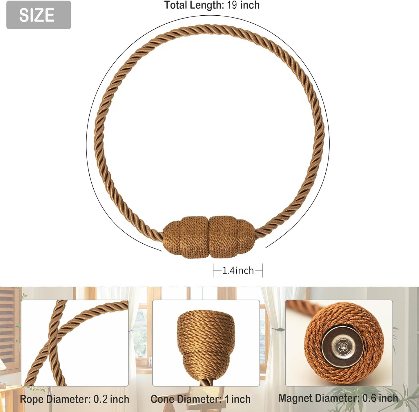 Magnetic Curtain Tiebacks Rope Curtain Tie Backs for Curtains 8 Pack Curtain Holders for Drapes Decorative Window Curtain Holdbacks, Khaki