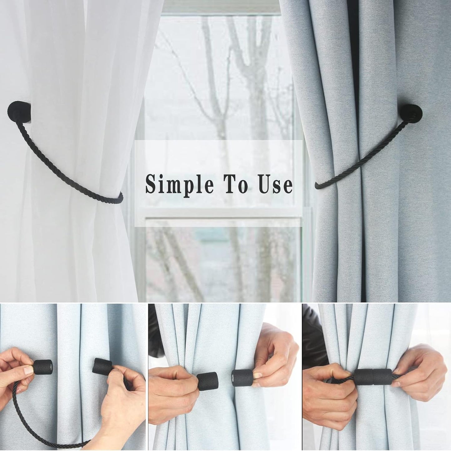 Magnetic Curtain Tiebacks 2 Pack Black Curtain Rope Tieback Curtain Holders for Drapes Modern Tie Backs Decorative Curtain Holdbacks