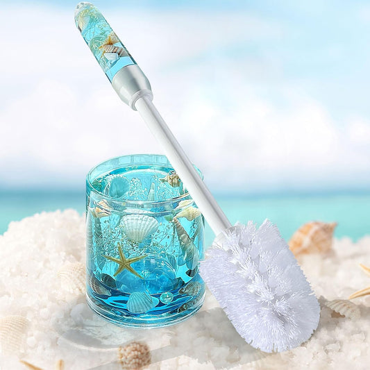 FONMY Toilet Brush and Holder Acrylic with Nature Seashell,Compact Size Toilet Bowl Brush with Plastic Handle Easy to Hide, Drip-Proof,Space Saving for Storage,Easy to Assemble,Deep Cleaning, (Blue)
