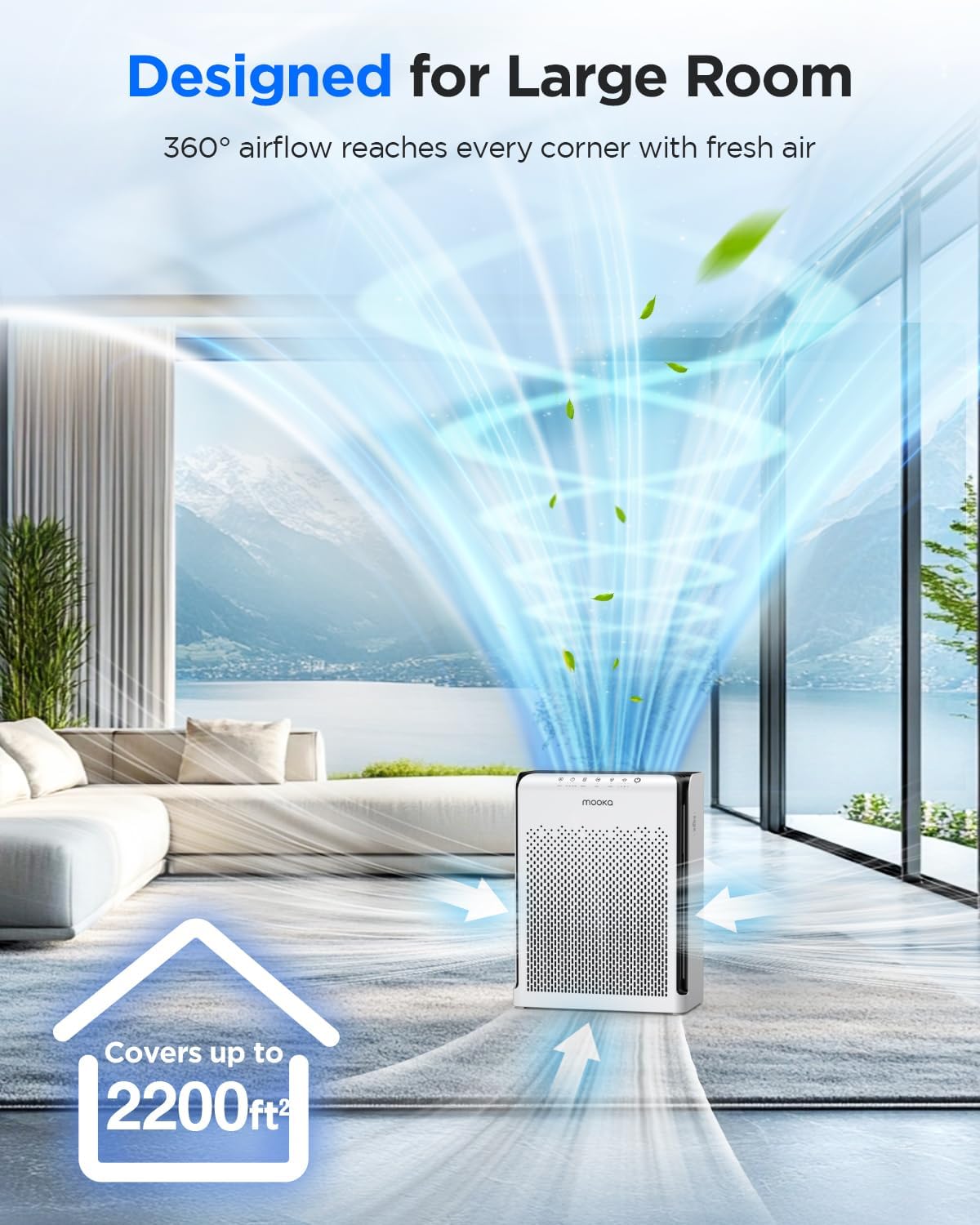 Air Purifiers for Home Large Room up to 2200ft², MOOKA Air Purifier for Home Pets Bedroom with ECO Mode & Fragrance, HEPA Air Filter Cleaner for Pet Hair Dander Smoke Living Dorm Room Office, M200L