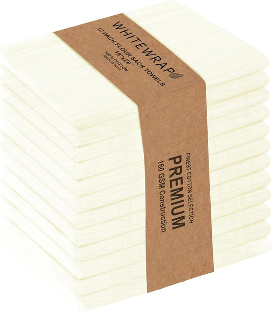 WHITEWRAP Flour Sack Towels| Tea Towel for Crafts| Kitchen Dish Cotton Blank Towel for Embroidery| Baking Bread Proofing Linen Cover| Thick Absorbent Quick Dry|12 Pack 18"x28" Natural