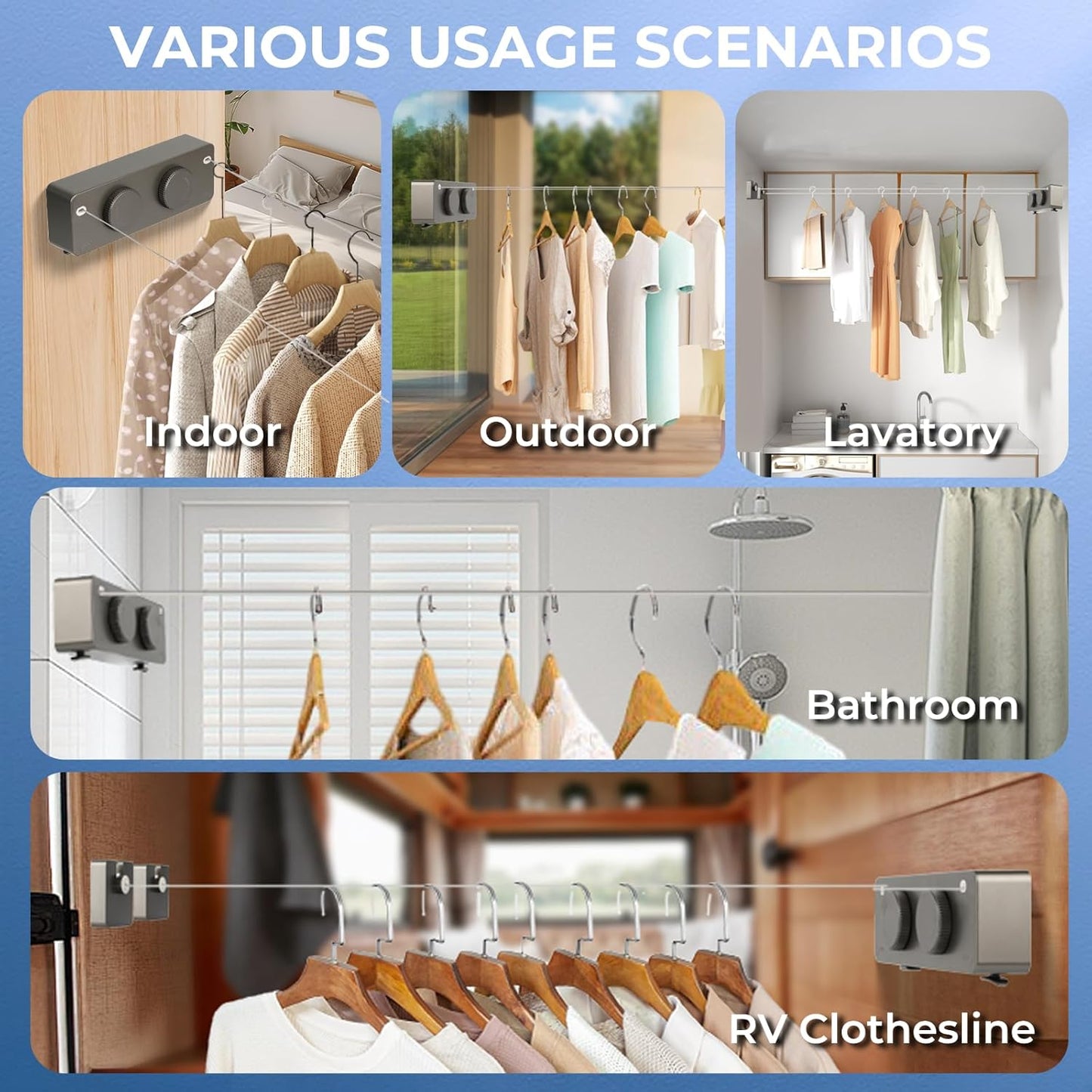 Retractable Clothesline Indoor Outside Heavy-Duty, Upgrade 304 Double Stainless Steel Shower Room Clothes line, Fit Rv Balcony Courtyards Indoor Drying Rack Clothesline, 13.8ft