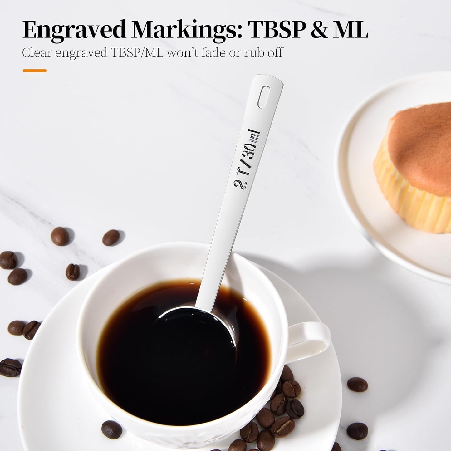 Long Handle Coffee Scoop: 5.98 Inch 18/8 Stainless Steel 2 Tablespoon Metal Measuring Spoon Tbsp Scoop for Coffee Beans, Grounds Coffee, Coffee Powder, Tea, Tall Jars (2Tbsp/30ml)