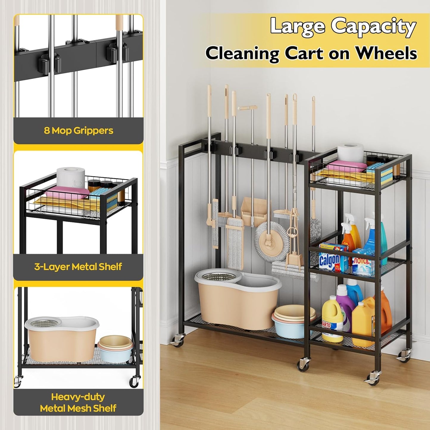 Broom Holder with Cleaning Supplies Organizer, Movable Broom Closet Storage Cabinet with Cleaning Caddy, Cleaning Cart with Mop Rack, Janitorial Housekeeping Cart on Wheels, Laundry Room Organization
