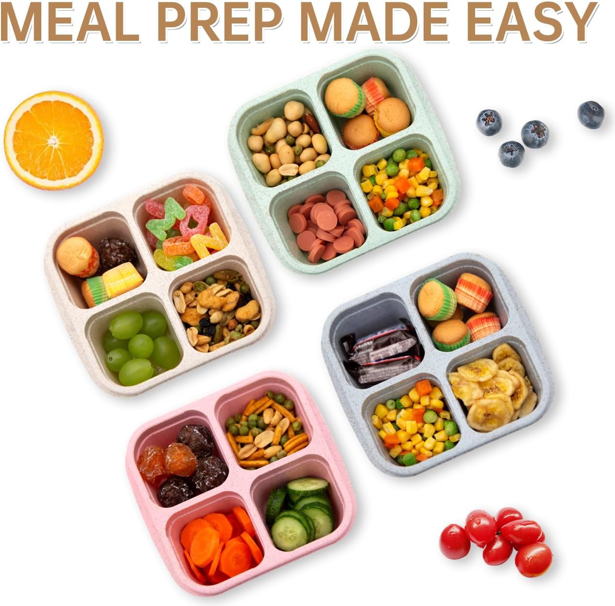 4 Pack Bento Lunch Box，4 Compartment Snack Containers，Divided Bento Snack Box，Meal Prep Containers Kids/Toddle/Adults,Food Storage Containers for School, Work and Travel